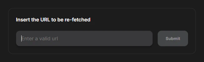 Formulaire de soumission de Brave Search intitulé « Insert the URL to be re-fetched », avec un champ « Enter a valid url » et un bouton Submit