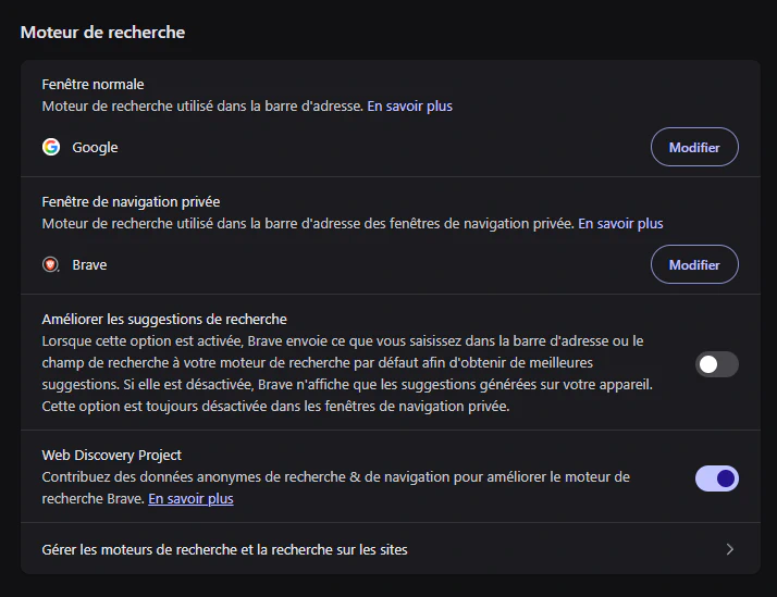 Paramètres « Moteur de recherche » de Brave Desktop : l’option Web Discovery Project est activée (interrupteur en position active)