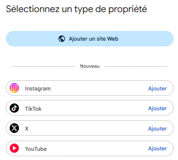 Sélecteur de propriétés de Google Search Console affichant les options Instagram, TikTok, X et YouTube